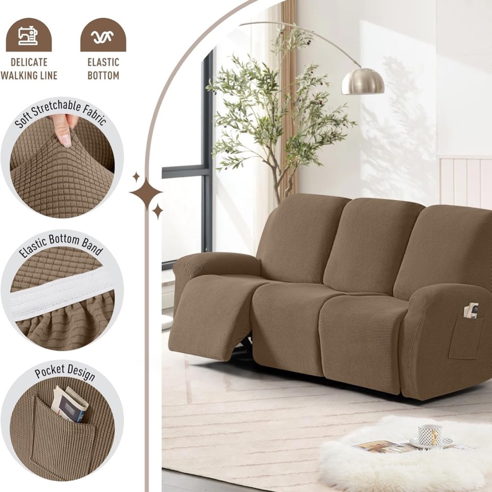 Recliner Sofa Covers 8Pieces Stretch Large Couch for 3 Seats Reclining (Khaki)